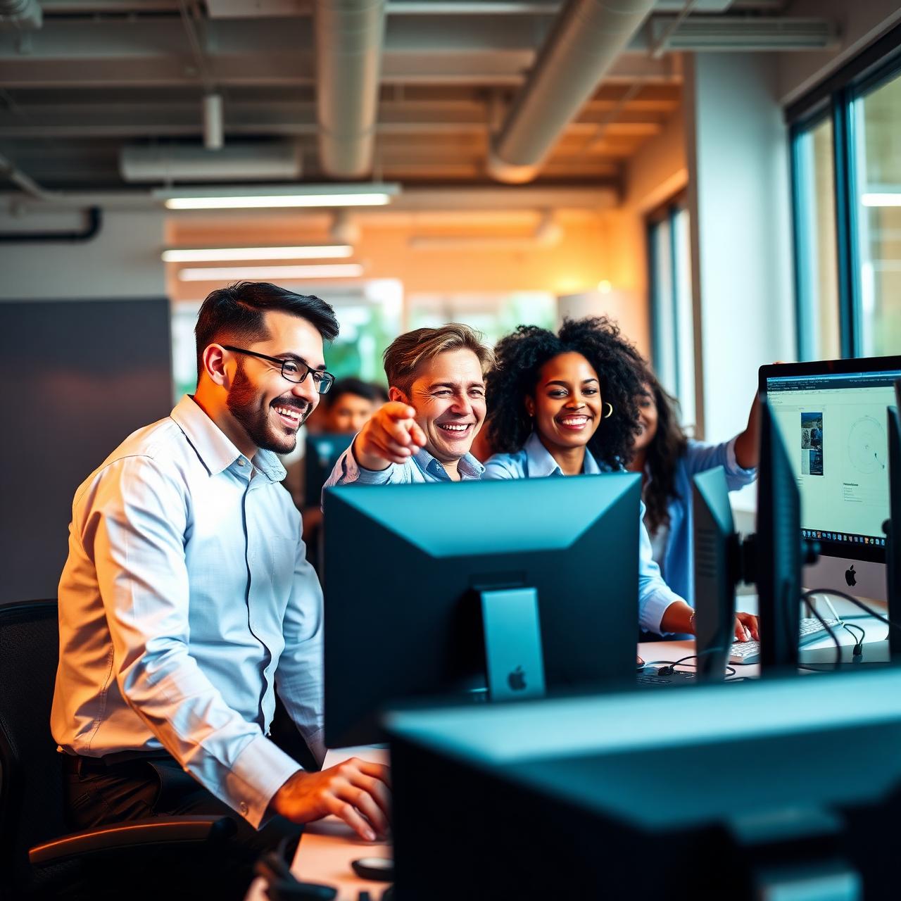 IT technicians collaborating energetically in a modern tech office